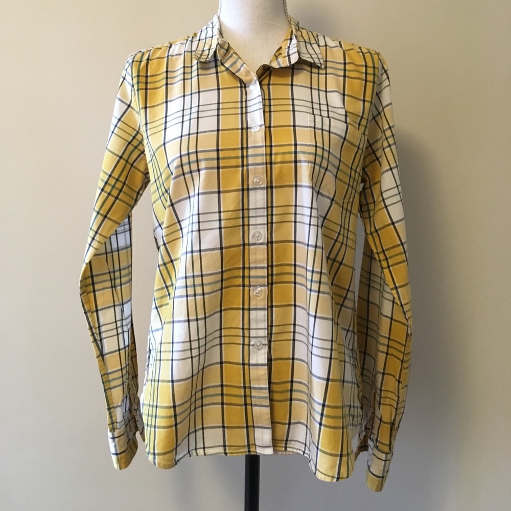 Steven Alan yellow plaid button down shirt.